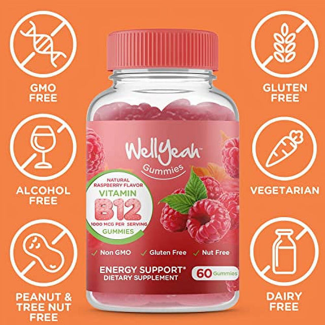 Wellyeah Vitamin B12 1000Mcg Gummies - for Energy, Mood, Metabolism and Immune System Support - Vegan Friendly and Gluten-Free, GMO Free and Doctor Recommended - 60 Gummies