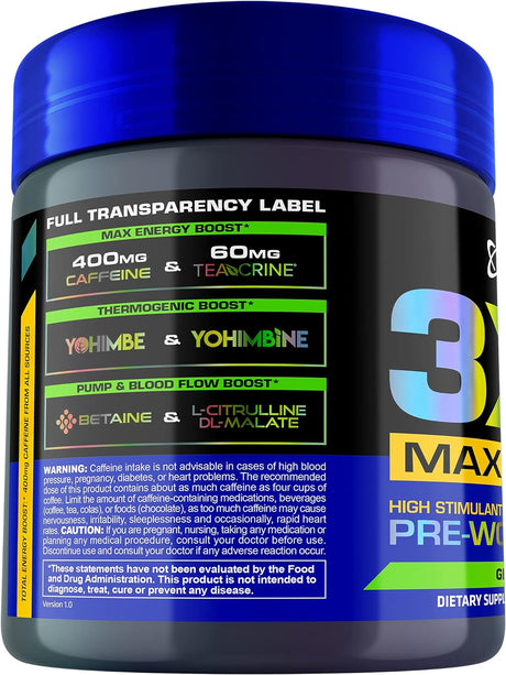 USN 3XT Max Energy Pre-Workout Supplement Powder for Energy, Endurance, and Pump, Preworkout Drink Mix, Nitric Oxide, Citrulline, Caffeine, Zero Creatine, Green Apple (30 Servings)