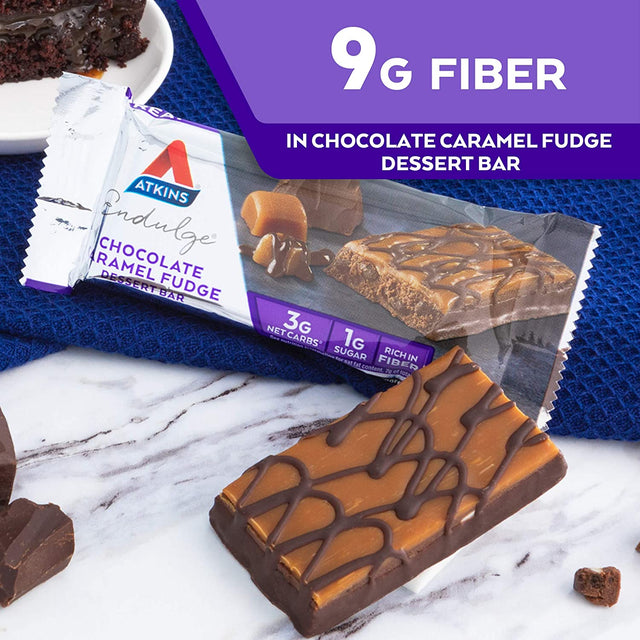 Atkins Endulge Chocolate Caramel Fudge Dessert Bar, Protein Snack, High in Fiber, 1G Sugar, Keto Friendly, 5 Count