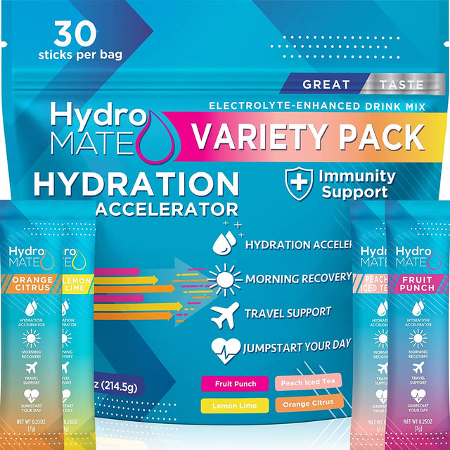 Hydromate Electrolytes Powder Drink Mix Packets Hydration Accelerator Low Sugar Rapid Party Recovery plus Vitamin C Variety Pack 30 Count