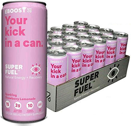 EBOOST Super Fuel Natural Nootropic Energy Drink | Electrolytes + Vitamins (B12) + Milk Thistle | Sports Preworkout Drink, Healthy Mixer, Travel, Work/Study (12 Fl Oz, 24 Pack) (Strawberry Lemonade)