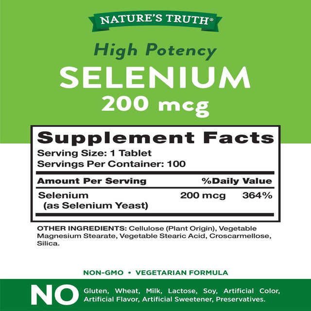 Nature'S Truth Selenium 200Mcg | 100 Tablets | High Potency | Non-Gmo, Gluten Free Supplement