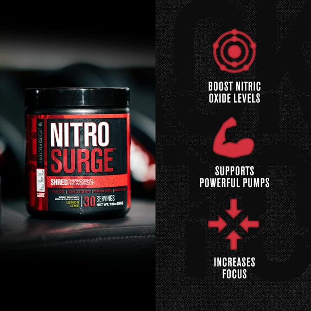 Jacked Factory NITROSURGE Shred Pre Workout Supplement - Energy Booster, Instant Strength Gains, Sharp Focus, Powerful Pumps - Nitric Oxide Booster & Preworkout Powder - 30Sv, Lemon Lime