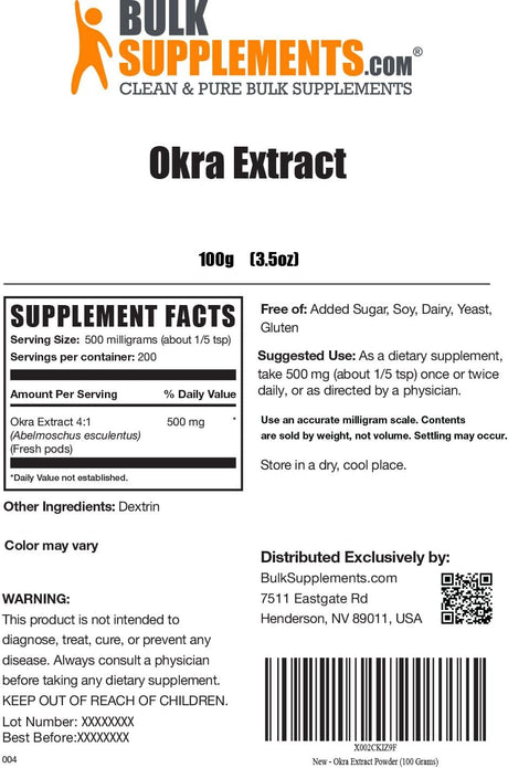 BULKSUPPLEMENTS.COM Okra Extract Powder - Digestion Supplement - High Fiber Supplements (100 Grams - 3.5 Oz)