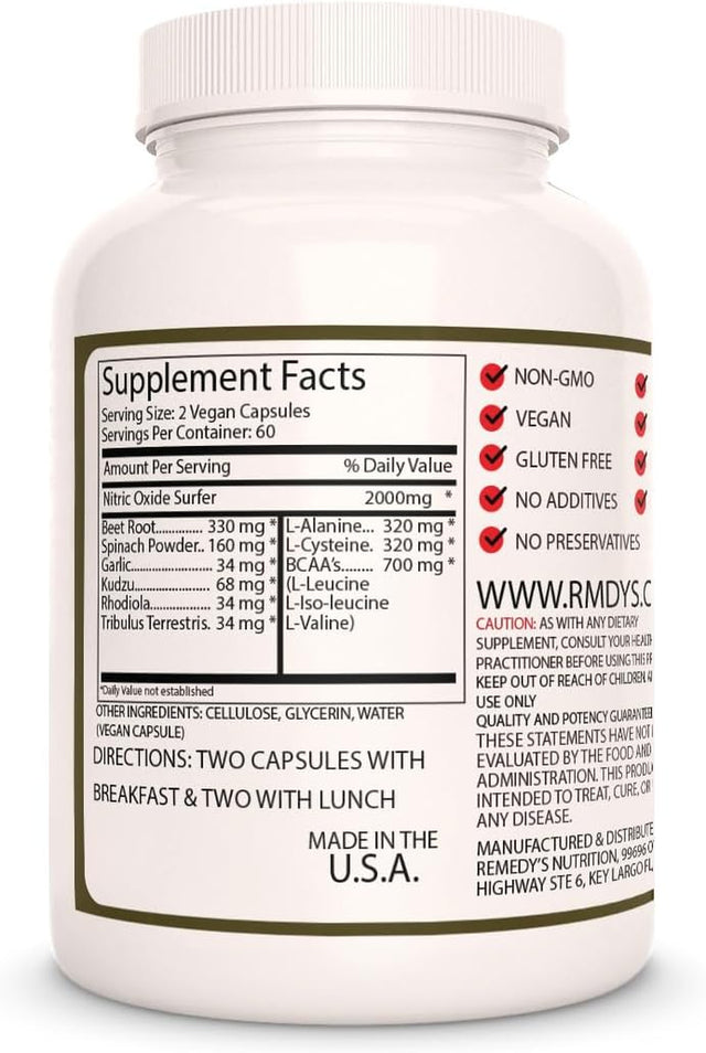 Remedy'S Nutrition Nitric Oxide Surfer 1,000Mg Vegan Capsules Dietary Supplement - Non-Gmo, Gluten Free, Dairy Free - One Month Supply (120 Count)