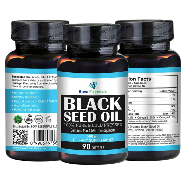 Black Seed Oil Capsules 500Mg, 90 Count Softgel - 100% Pure Natural Organic Cold Pressed Non-Gmo | Cumin Nigella Sativa Seed Oil | Bovaessentials