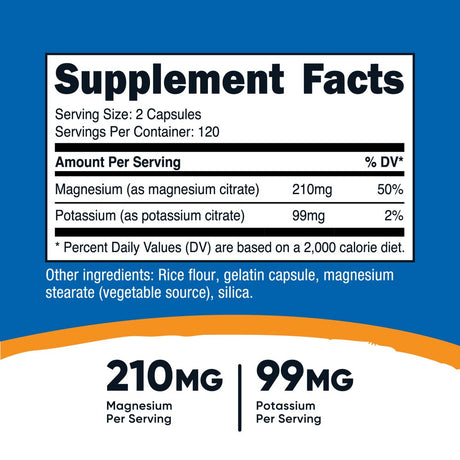 Nutricost Potassium (99 Mg) Magnesium (210 Mg) Citrates, 240 Capsules - Supplement