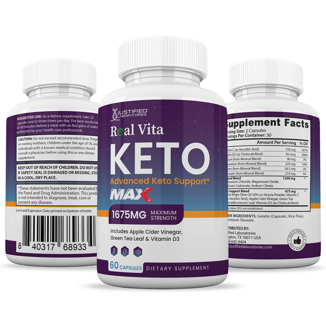 (3 Pack) Real Vita Keto ACV MAX Pills 1675Mg Dietary Supplement 180 Capsules