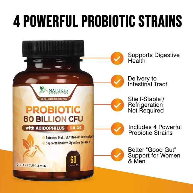 Probiotic for Digestive Health - 60 Billion CFU Daily Probiotics & Prebiotics Supplement with Acidophilus - Immune Support for Women & Men - Shelf Stable, Soy, Dairy & Gluten Free - 60 Capsules