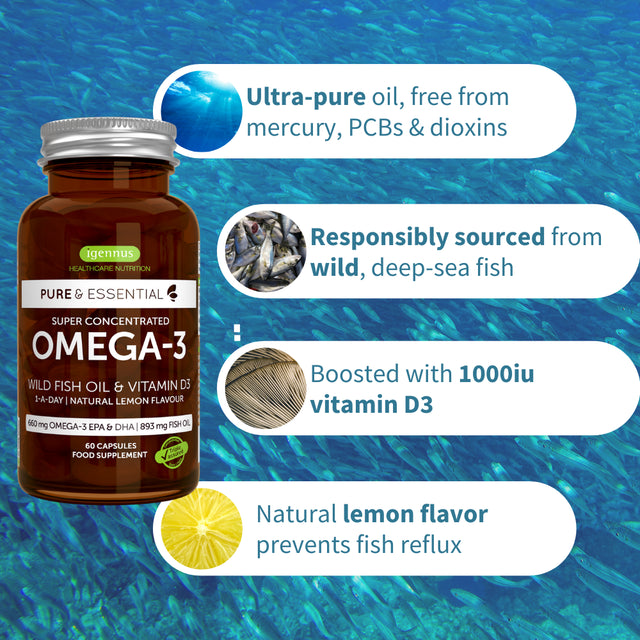 Igennus Omega-3 Wild Fish Oil & Vitamin D3, High Strength Omega-3 EPA & DHA, Lemon, 60 Softgels