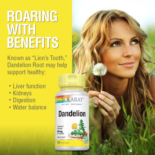 Solaray Dandelion Root | Healthy Liver, Kidney, Digestion & Water Balance Support | Non-Gmo, Vegan, 100 Vegcaps, 50 Serv