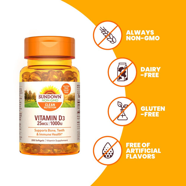 Sundown Vitamin D3 1000 IU, Supports Bone, Teeth, and Immune Health, 200 Softgels