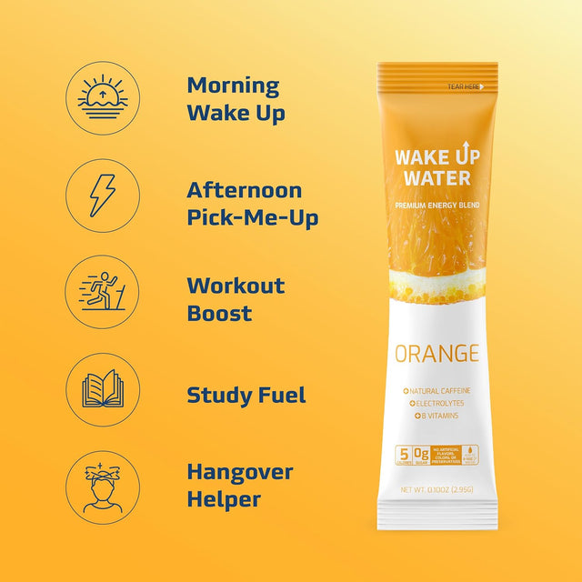 Wake up Water Energy + Hydration Mix – Energy + Hydration Powder Packets with Natural Caffeine, Electrolytes, B Vitamins | No Sugar | Daily Fuel with No Crash or Jitters | (Orange)