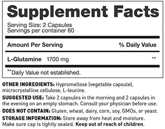 Amy Myers MD L Glutamine Capsules 1700Mg to Support Sugar Cravings, Muscle Repair & Healthy Gut - Ideal Amino Acid for Leaky Gut & Digestive Health - Supports Immune System & Thyroid Function 120 Caps