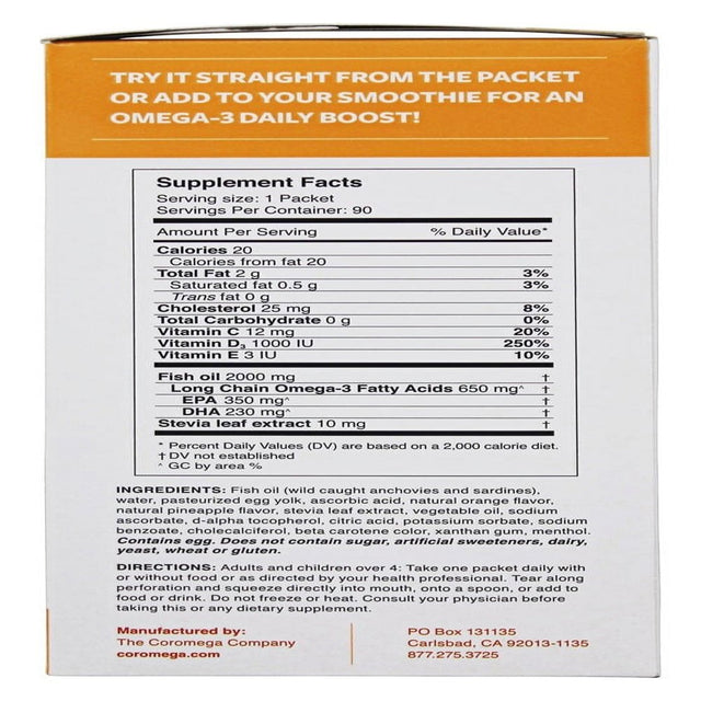 Coromega Omega 3+D Dietary Supplement Squeeze Packets, Tropical Orange Flavor, 90 Ct