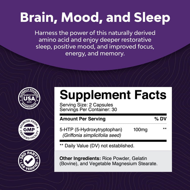 5 HTP Supplement 5-Hydroxytryptophan - 5HTP 100Mg per Serving Gentle Herbal Sleep and Mood Enhancer - 5-HTP 100 Mg per Serving Mood Supplement and Sleep Support Capsules from Griffonia Simplicifolia