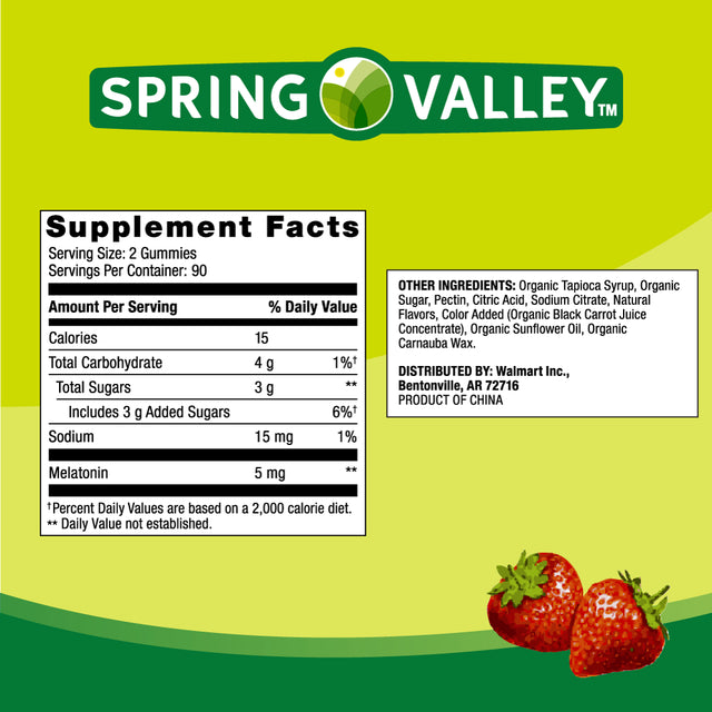 Spring Valley Non GMO Melatonin Dietary Supplement Gummies, Strawberry, 5 Mg, 180 Count