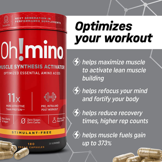 Oh!Mino Amino Acids Supplement, Ultimate Muscle Synthesis Activator, Pre and Post Workout Vitamins for Body Conditioning and Muscle Recovery, 180 Vegan Muscle Builder Capsules - Oh!Nutrition