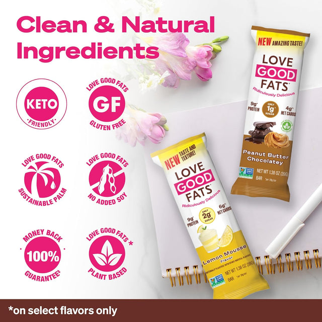 Love Good Fats Keto Protein Snack Bars - Chocolate Lover Variety Pack - 1-2G Sugar, 8-10G Protein, 5G Net Carbs, Gluten-Free, Non GMO - Peanut Butter, Mint, Lemon Mousse, Coconut - 4 Flavors (12 Pack)