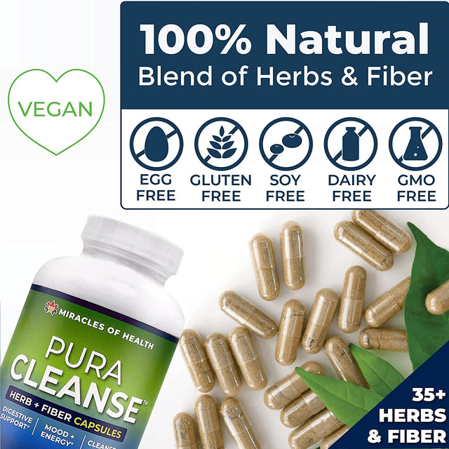 Pura Cleanse Fiber Caps | 100% Natural Herb and Fiber Detox Capsules | Month Supply