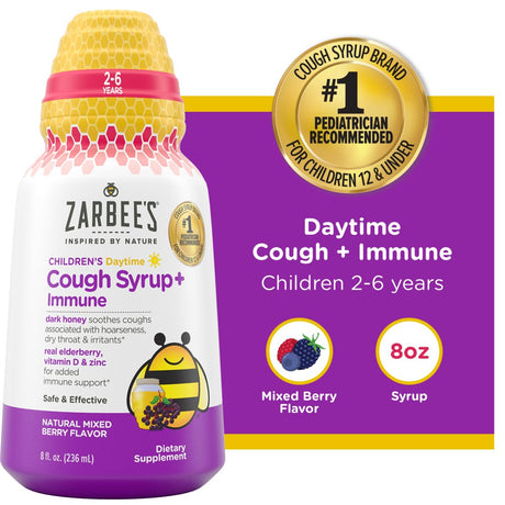 Zarbee’S Kids Cough + Immune Daytime for Ages 2-6 with Honey, Vitamin D & Zinc, Mixed Berry, 8FL Oz