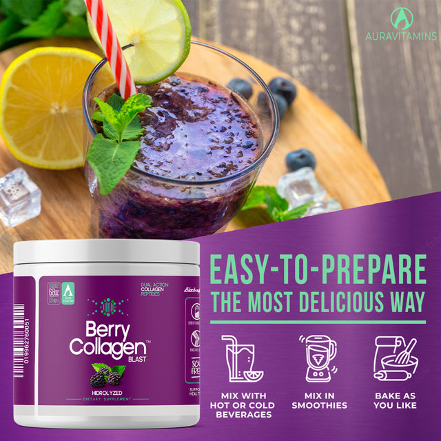 Berry Collagen Blast Powder Hydrolyzed (1) |Premium Blend Grass-Fed - Soy Free | Dual Action Collagen Peptides | Support Bones and Joints | Blueberry & Blackberry | IGEN GMO - 204 Grams