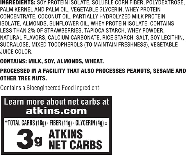 Atkins Strawberry Shortcake Protein Meal Bar, High Fiber, 1G Sugar, 3G Net Carb Meal Replacement, Keto Friendly, 30 Count