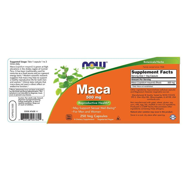 NOW Maca 500 Mg 250 Veg Capsules Fresh Made in USA, White