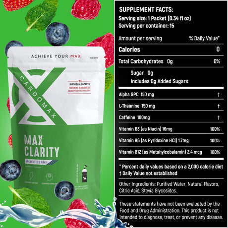 CARDOMAX Max Clarity Nootropics Brain Support Supplement with Liquid Caffeine, Alpha GPC & L-Theanine, Brain Booster for Memory, Mental Clarity & Focus, Liquid Nootropic, 15 Count