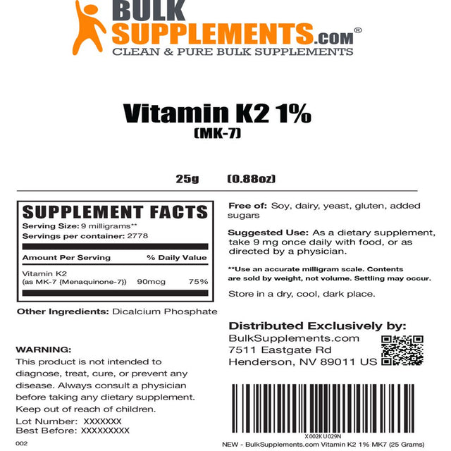 Bulksupplements.Com Vitamin K2 MK7 - Vitamin K2 Supplement - Heart Vitamins - Vitamin K2 Soy Free (25 Grams)