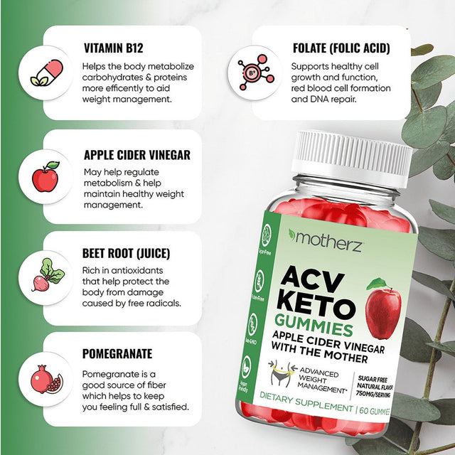 ACV Keto Gummies with Apple Cider Vinegar (With the Mother) - Sugar Free Keto ACV Gummies for Weight Management Fat Loss Cleanse & Detox – Natural Apple Flavor – Non-Gmo – Gluten-Free – Vegan