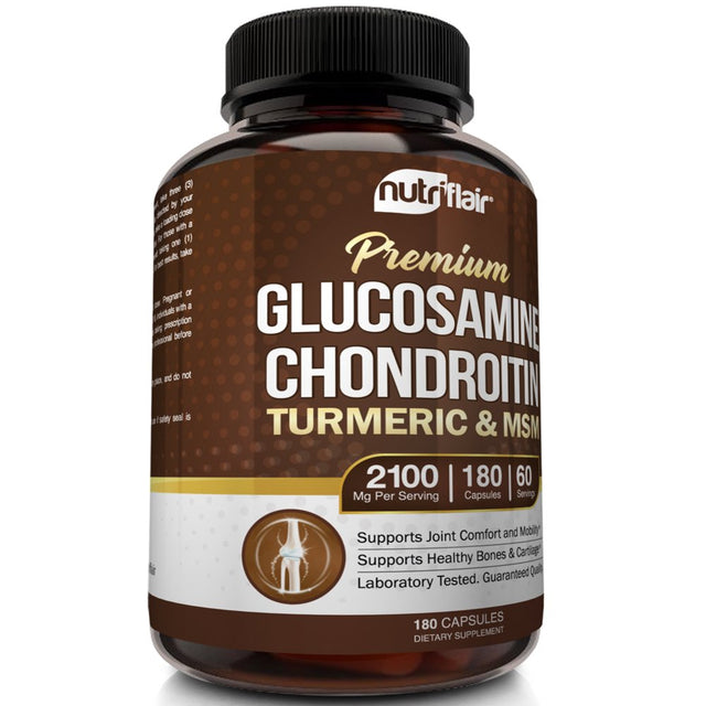 Nutriflair Glucosamine Chondroitin Turmeric MSM Boswellia Supplement, 180 Capsules - Natural & Non-Gmo - Antioxidant Pills - for Back, Knees, Hands, Joints, Cartilage