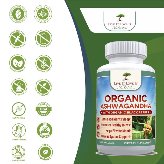 Live It Love It Organic Ashwagandha Capsules 1300Mg, Dietary Supplement Vegetarian Capsule (60 Caps)