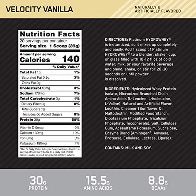 Optimum Nutrition Platinum Hydrowhey Protein Powder, 100% Hydrolyzed Whey Protein Isolate Powder, Flavor: Velocity Vanilla, 1.75 Pounds