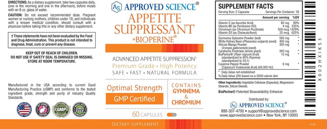 Approved Science® Appetite Suppressant - Increase Satiety, Help Reduce Cravings - Fast Absorption - 60 Capsules - Made in the USA