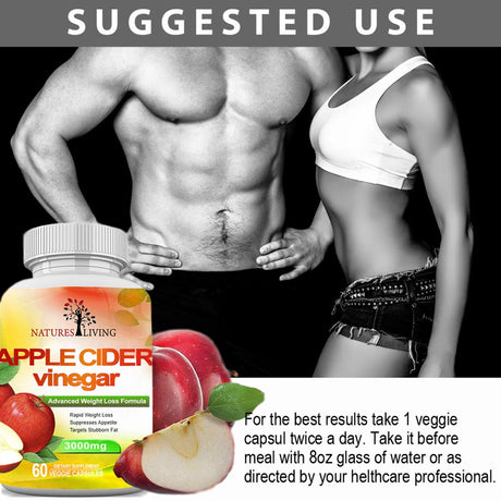 Apple Cider Vinegar 3000Mg Herbal Supplement to Detoxify Toxins by Natures Living (60 Capsules)