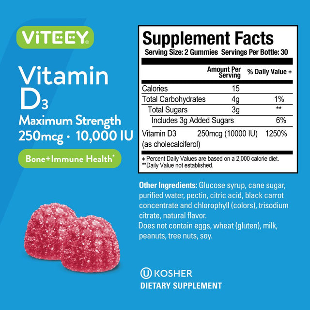 VITEEY Vitamin D3 10,000 IU Gummies, Bone + Immune Health Support, Berry Flavor, 60 Count (Pack of 1)