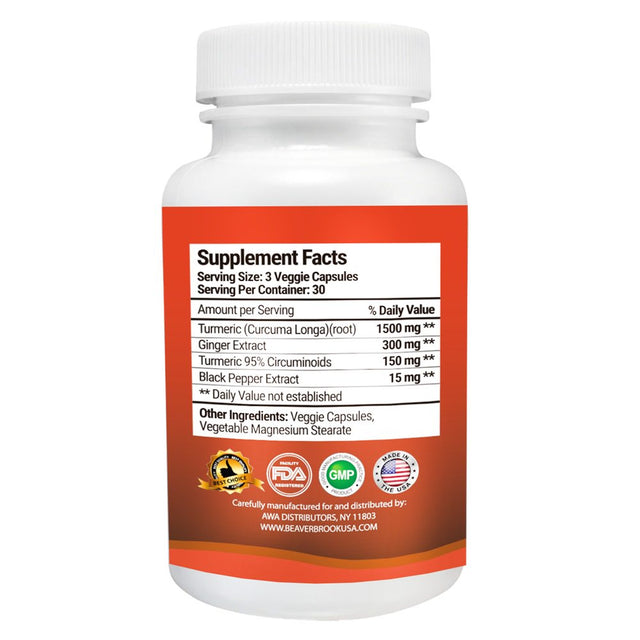 Beaver Brook Turmeric Curcumin, Ginger Root & Black Pepper Extract 1500Mg Supports Healthy Bones, All Natural, Nongmo & Gluten Free - 180 Capsules, 2 Months Supply