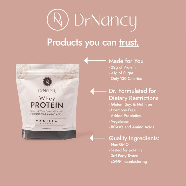 Whey Protein Vanilla by Dr. Nancy MD (14 Servings, 31.5G) 22G Whey Protein, Bcaa’S, with Added L-Glutamine & Probiotics