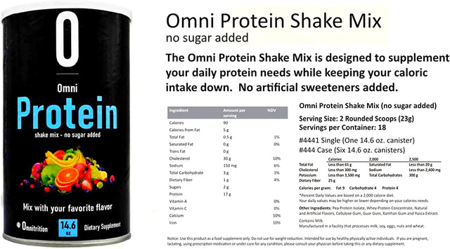 Omnitrition Omni Protein Shake Mix (No Sugar Added), Unflavored, 14.6 Oz