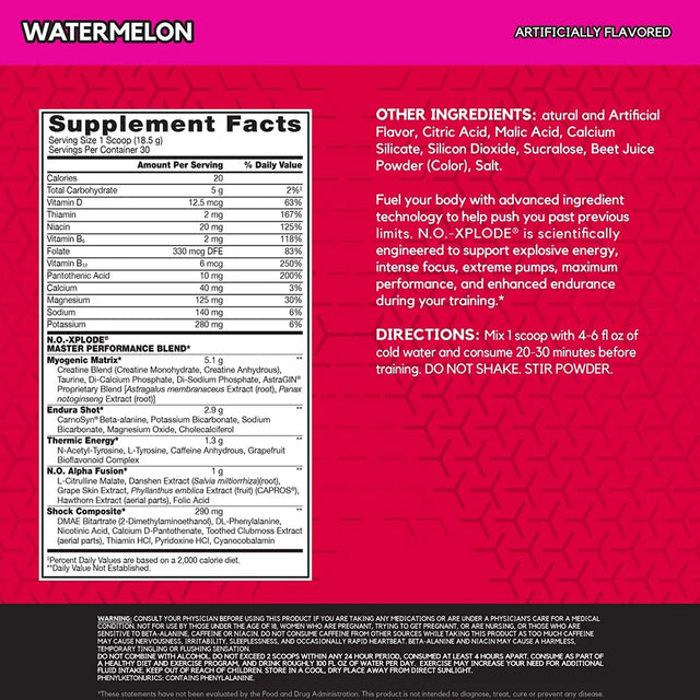 BSN N.O.-XPLODE Pre Workout Powder, Energy Supplement for Men and Women with Creatine and Beta-Alanine, Flavor: Watermelon, 30 Servings