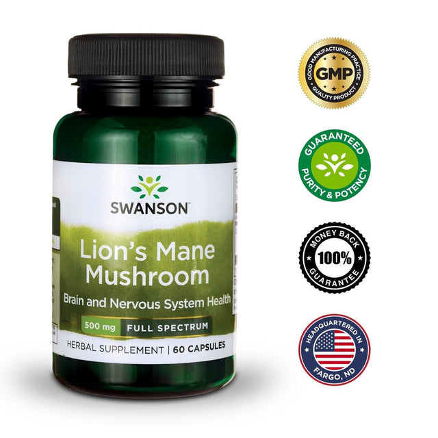 Swanson Herbal Supplement Lion'S Mane Mushroom 500 Mg - 60 Capsule, Multicolor