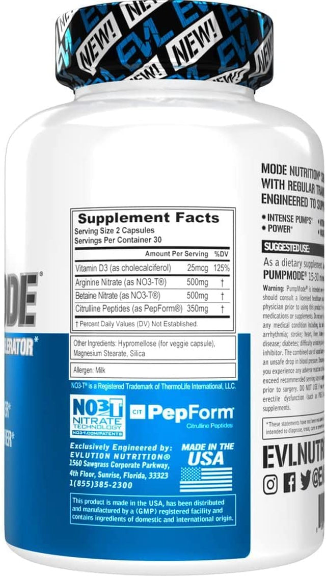 Evlution Pumpmode Nitric Oxide Pills for Men Nutrition Nitric Oxide Supplement with Arginine Betaine and Citrulline for Maximum Pumps and Performance - Vegan Stim Free Pre Workout Supplement