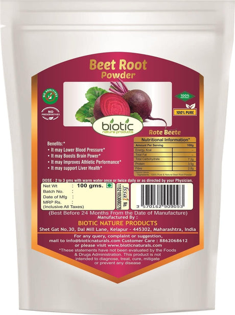 Biotic Beet Root Powder (Beta Vulgaris) Beetroot Powder for Healthy Skin & Body - 100G