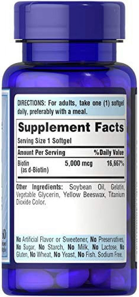 Puritans Pride Biotin 5,000 Mcg 60 Softgels Skin Hair Nails