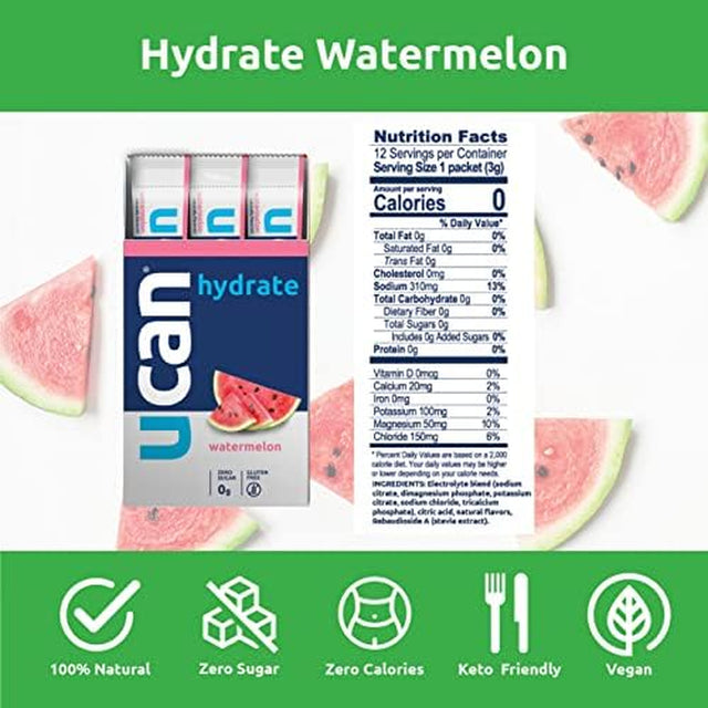 UCAN Hydrate Packets, Watermelon, 12 Count (1.27 Ounce), Keto, Sugar-Free Electrolyte Replacement for Men & Women, Non-Gmo, Vegan, Gluten-Free, Great for Runners, Gym-Goers, High Performance Athletes