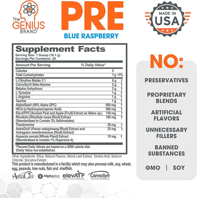 Genius Pre Workout Powder, Blue Raspberry - All-Natural Nootropic Pre-Workout & Caffeine-Free Nitric Oxide Booster Supplement with Beta Alanine & Alpha GPC - No Artificial Flavors, Sweeteners, or Dyes