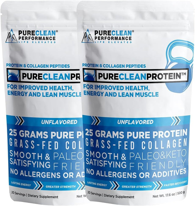 Pureclean Protein Bone Broth Protein Powder - Hydrobeef Beef Protein Powder W/Collagen Peptides - Rich in Eaas Bcaas - Makes Great Snacks & Smoothies - Pure Paleo Post Workout (2 Bags Unflavored)