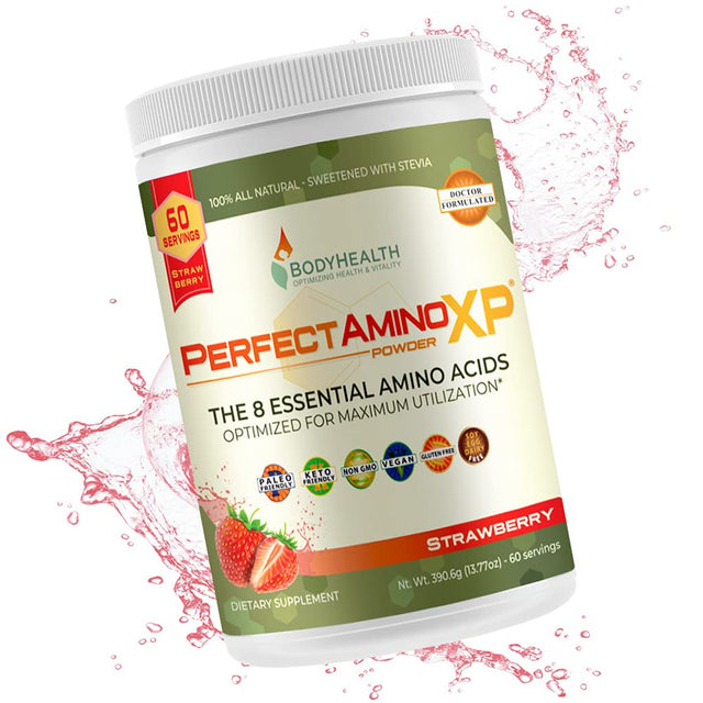 Bodyhealth Perfectamino XP Strawberry (60 Serving) Best Pre/Post Workout Recovery Drink, 8 Essential Amino Acids Energy Supplement with 50% Bcaas, 100% Organic, 99% Utilization