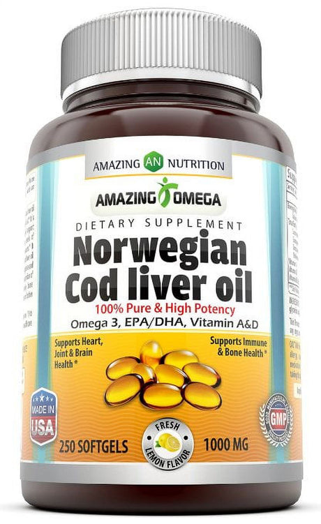 Amazing Omega Norwegian Cod Liver Oil Softgels, Lemon, 1000 Mg, 250 Ct